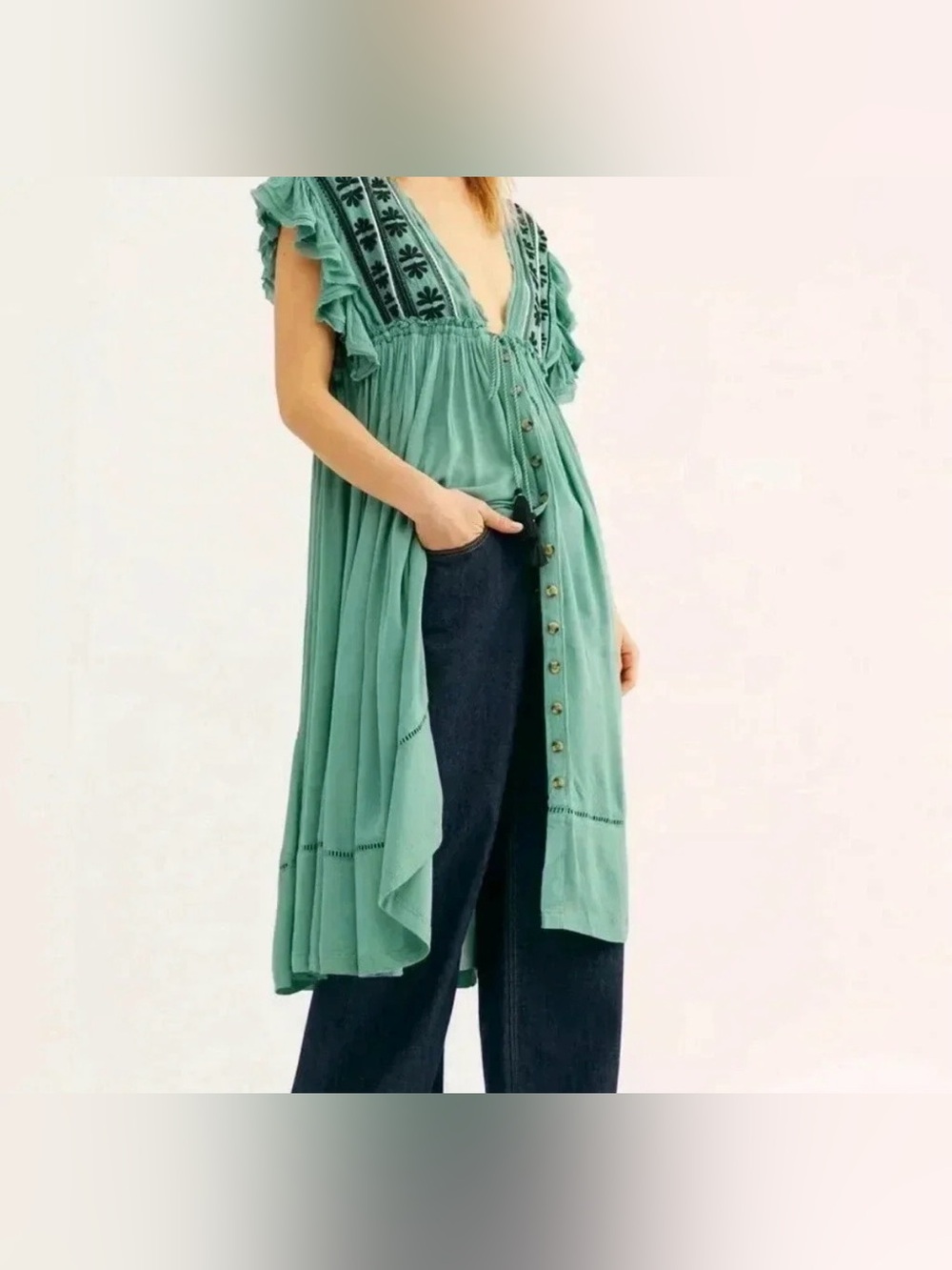 Free People Green Bali Will Wait For You Casual Maxi Dress Sz medium teal boho